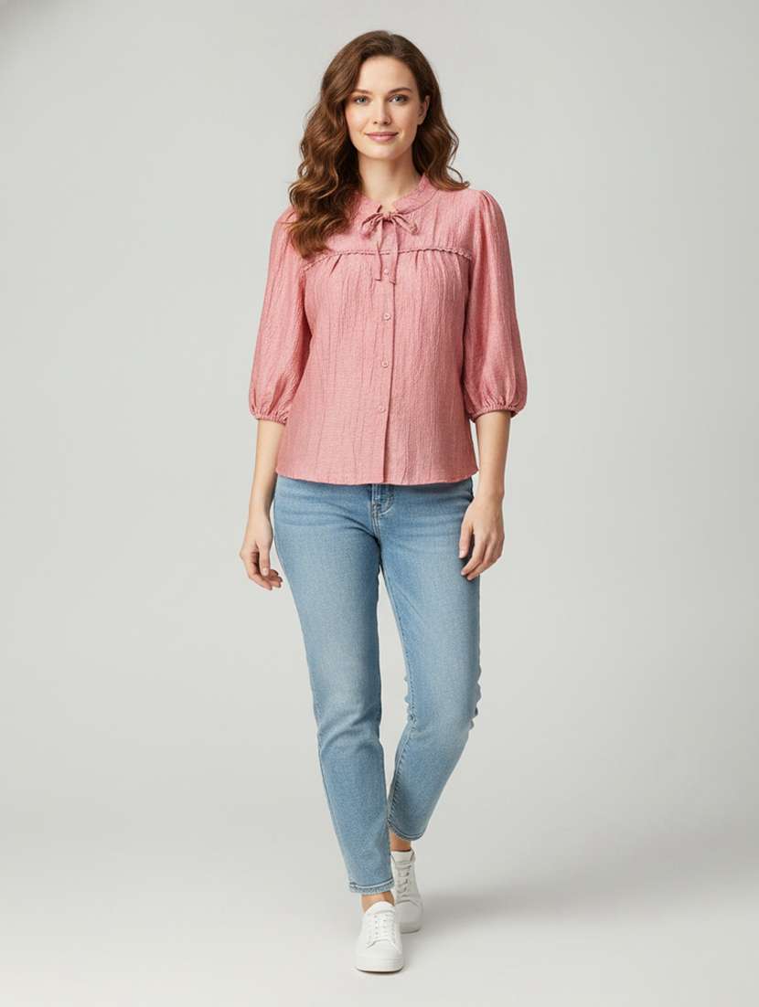women self design three quarter sleeves regular top