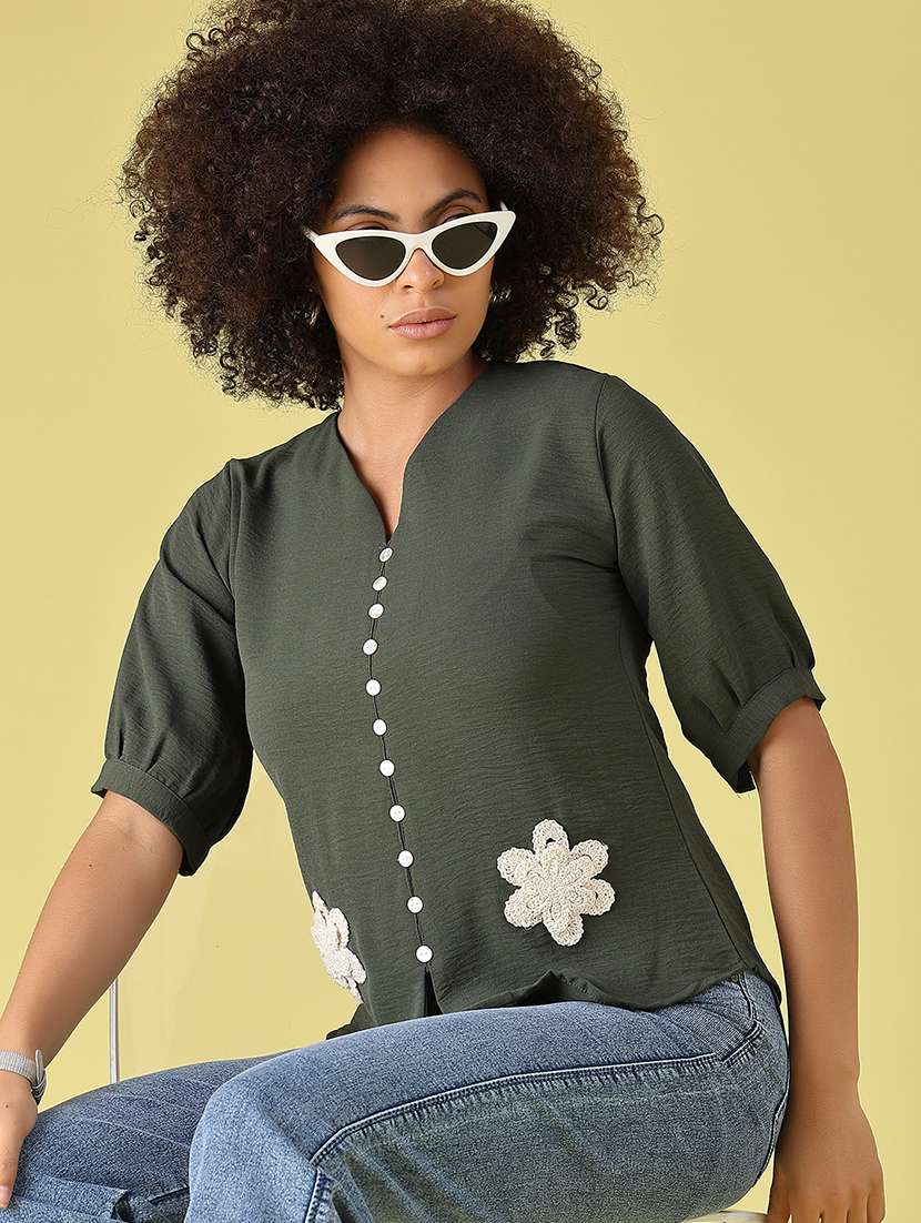 women applique detailed short sleeves regular top