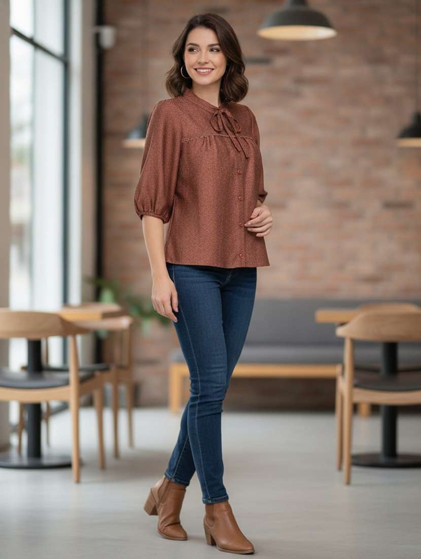 women self design three quarter sleeves regular top