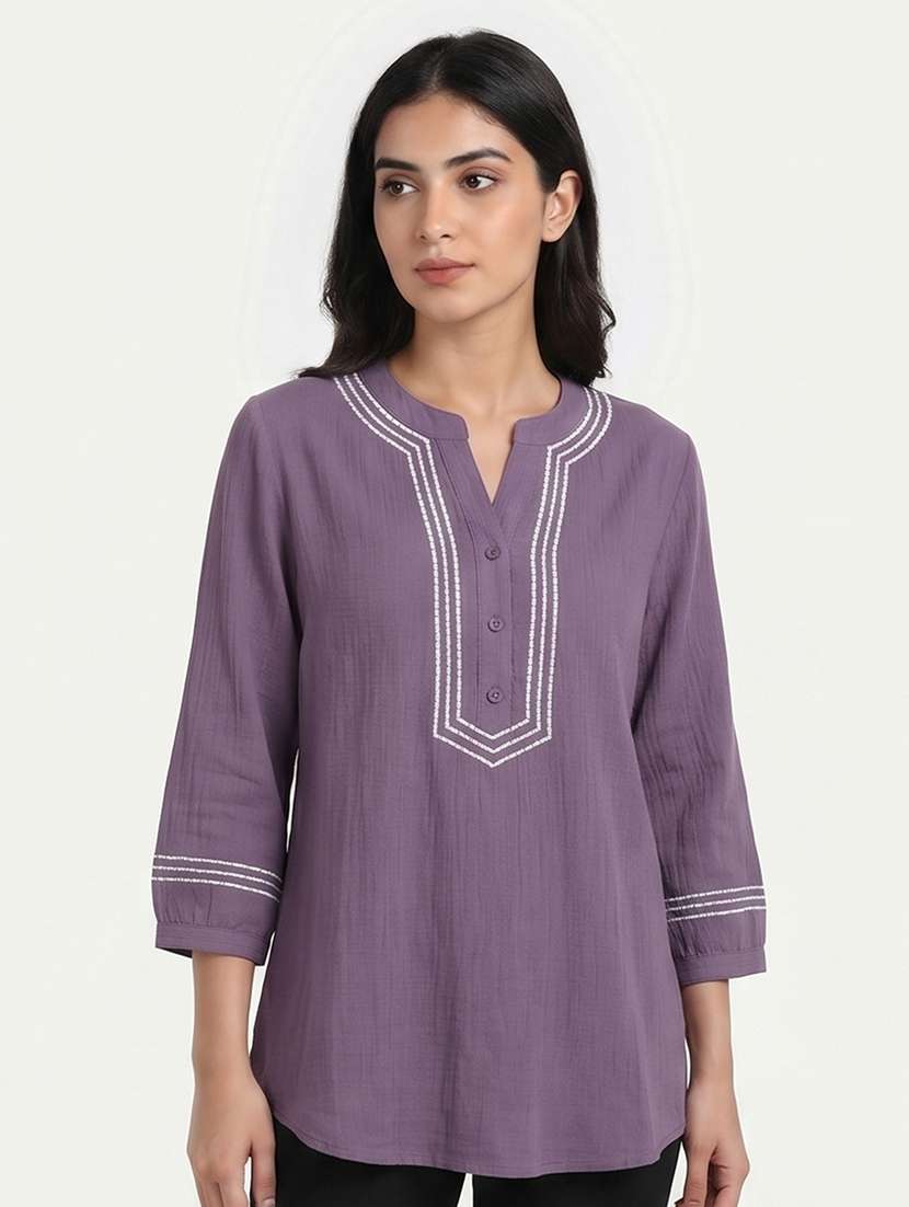 women embroidered three quarter sleeves regular top