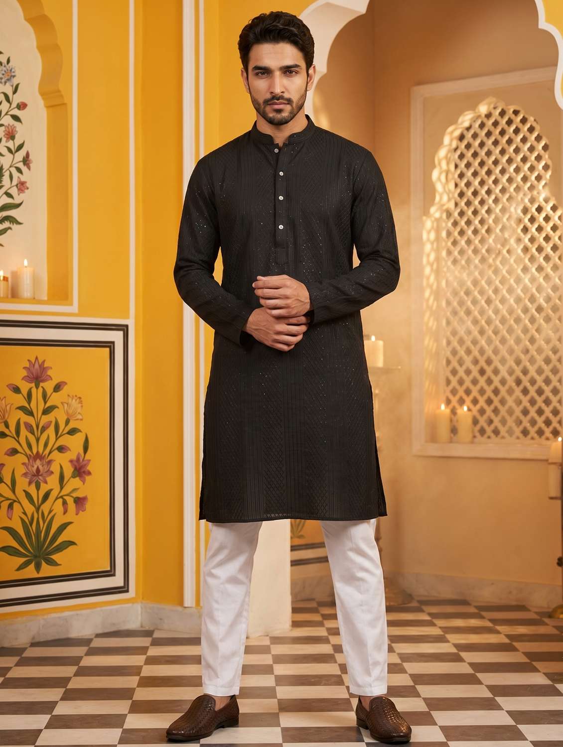 men embroidered mandarin neck kurta pyjama set