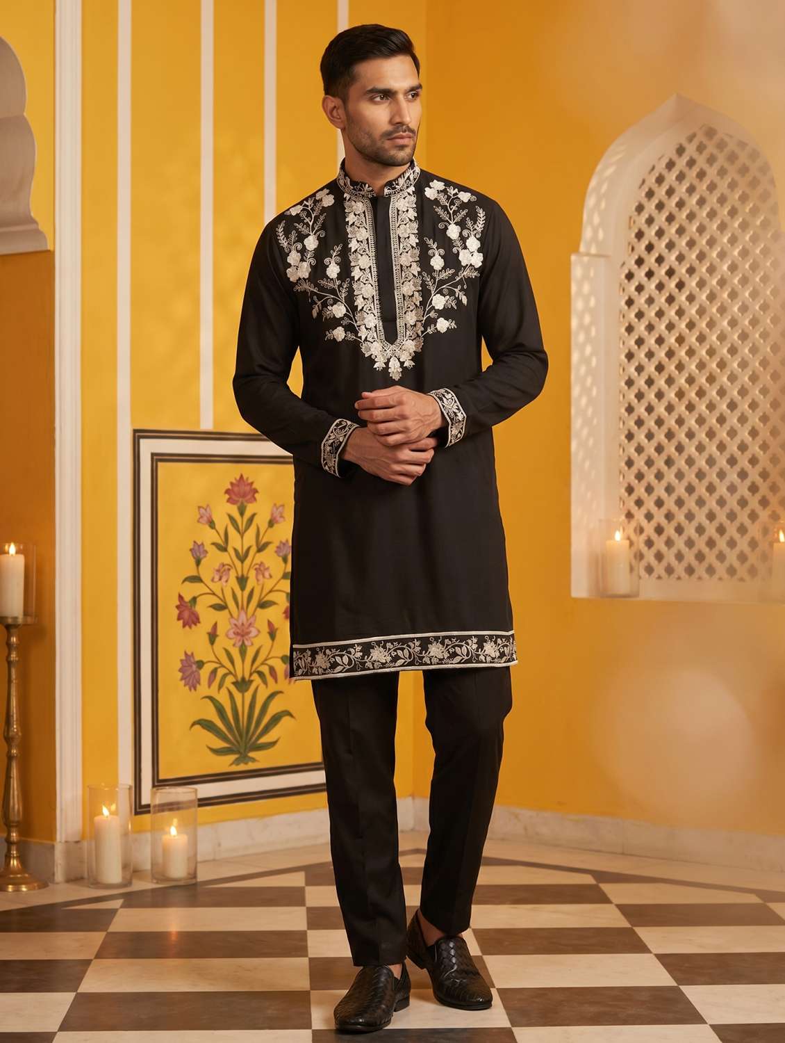 men embroidered mandarin neck kurta pyjama set
