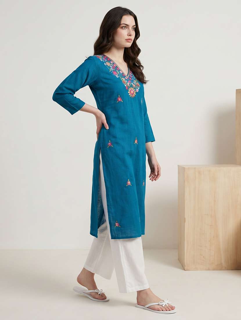 women embroidered three quarter sleeve straight kurta - 22518295 -  Standard Image - 4