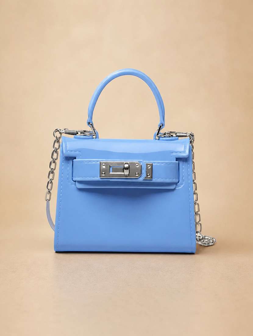 haute handles blue glossy patent mini top handle sling bag