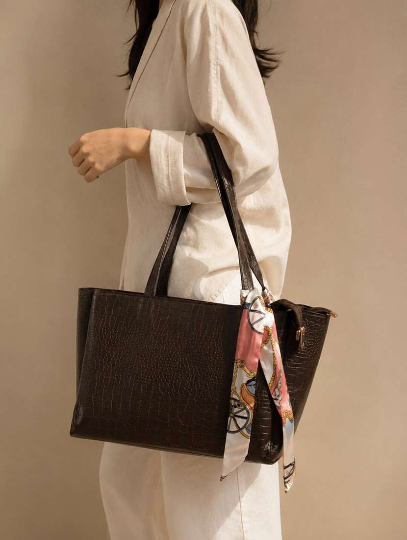 brown leatherette textured tote bag with scarf detail - 22518307 -  Standard Image - 4