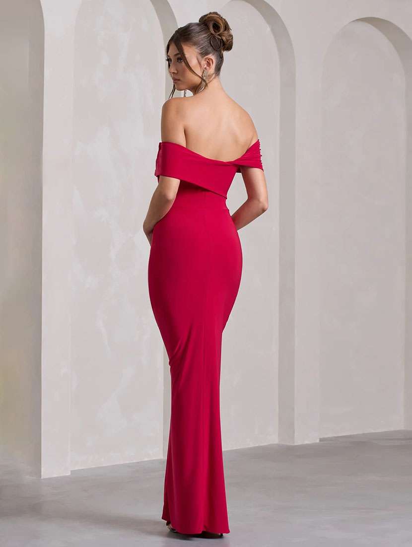 women solid off shoulder high slit dress - 22518342 -  Standard Image - 4