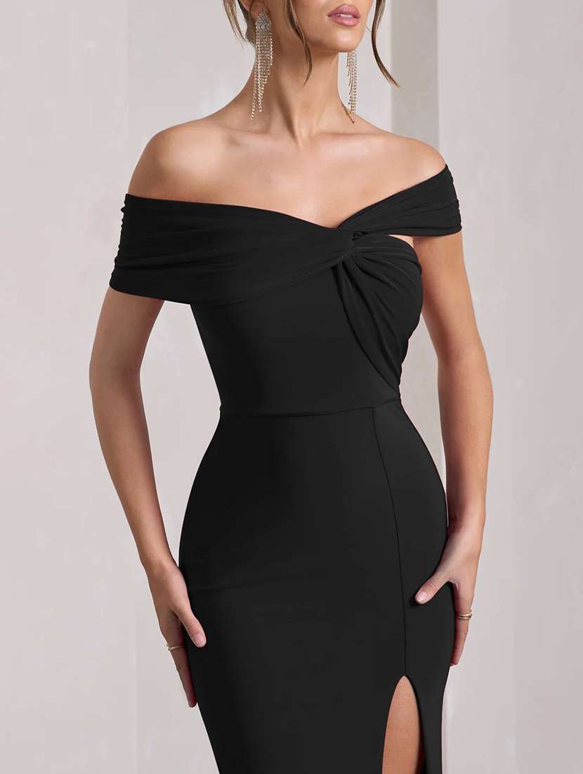 women solid off shoulder high slit dress - 22518347 -  Standard Image - 1