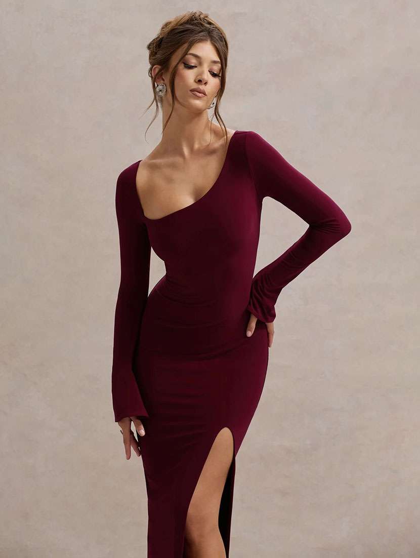 women solid asymmetric neck high slit dress - 22518351 -  Standard Image - 1