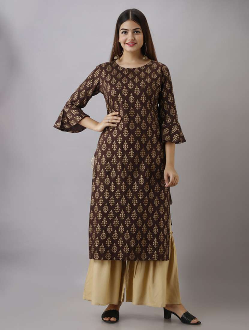 women printed three quarter sleeve kurta sharara set