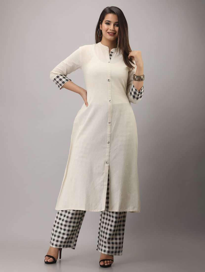 women solid three quarter sleeve kurta pant set