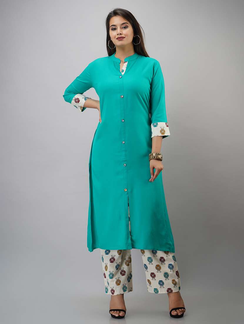 women solid three quarter sleeve kurta pant set