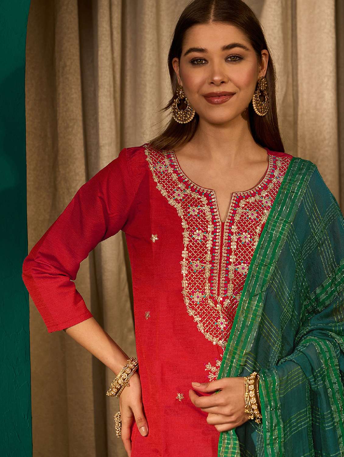 women embroidered three quarter sleeve kurta pant with dupatta set - 22518506 -  Standard Image - 1