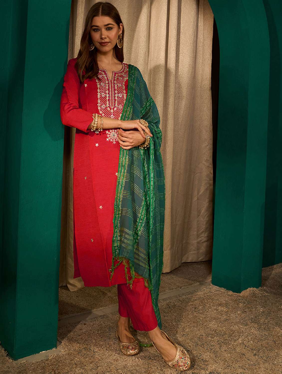 women embroidered three quarter sleeve kurta pant with dupatta set - 22518506 -  Standard Image - 6