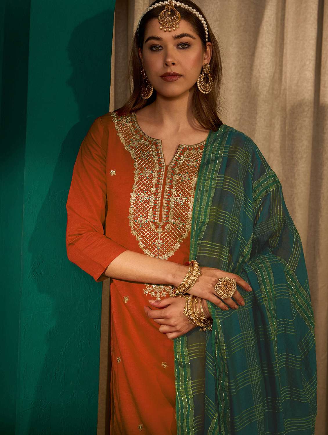 women embroidered three quarter sleeve kurta pant with dupatta set - 22518507 -  Standard Image - 1