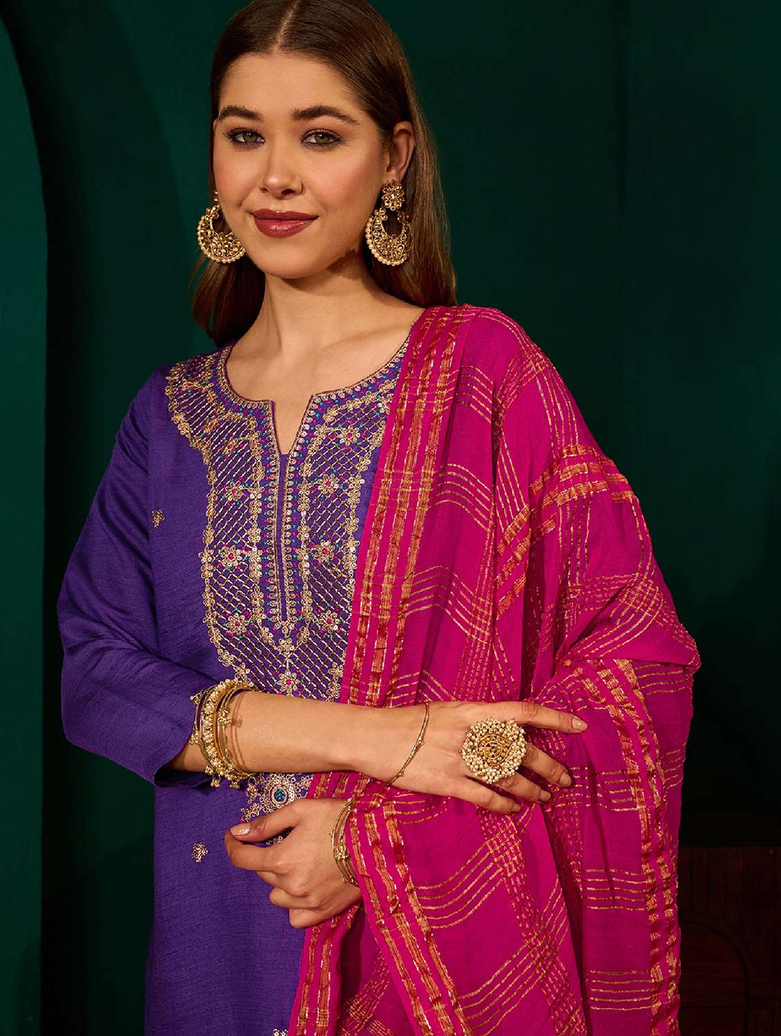 women embroidered three quarter sleeve kurta pant with dupatta set - 22518508 -  Standard Image - 1