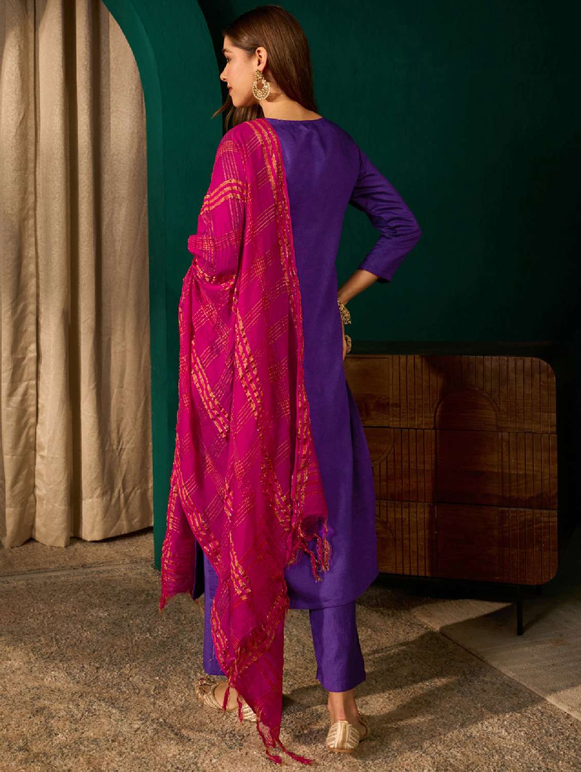 women embroidered three quarter sleeve kurta pant with dupatta set - 22518508 -  Standard Image - 4