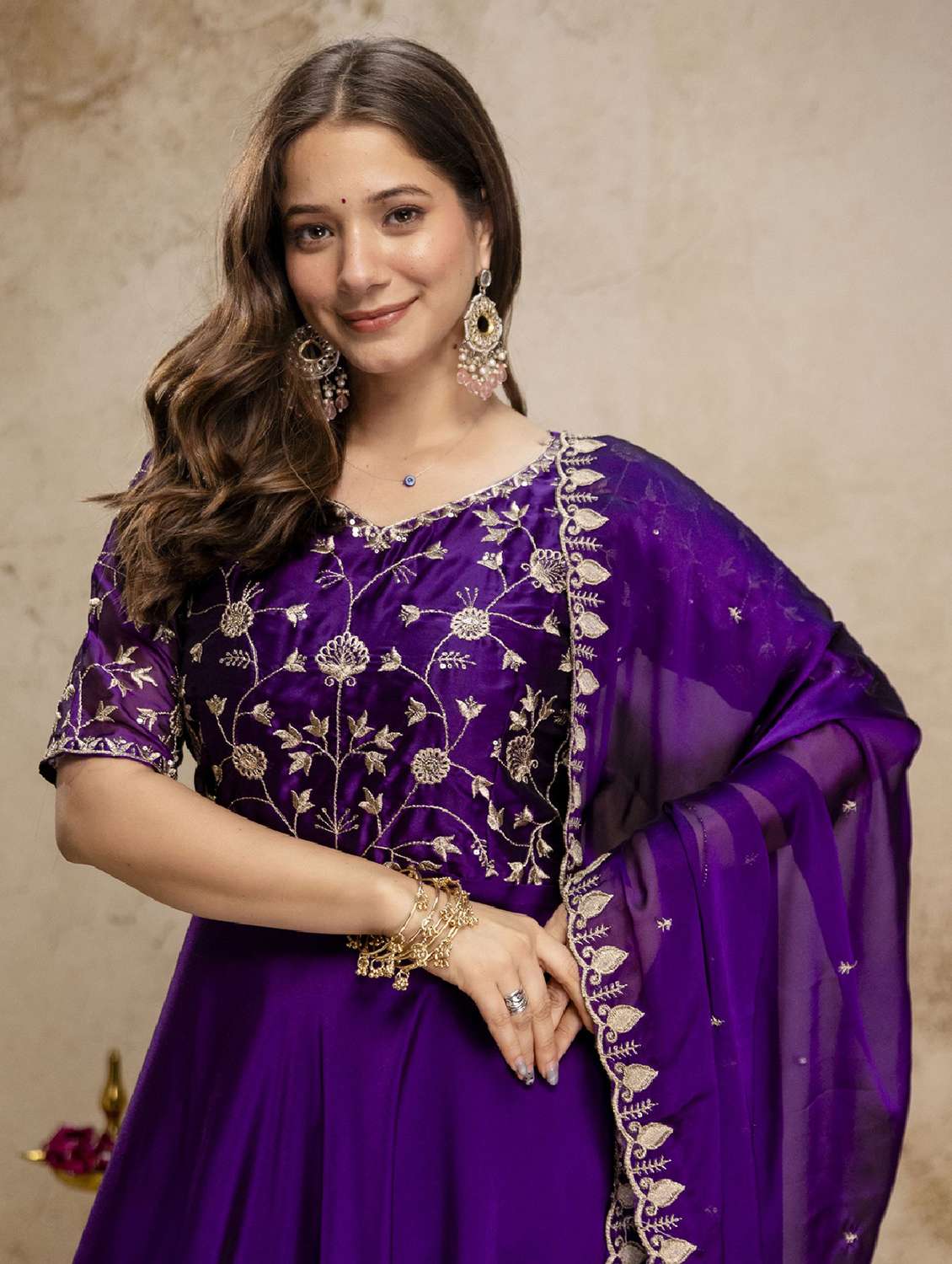 women embroidered short sleeve anarkali gown with dupatta - 22518537 -  Standard Image - 1