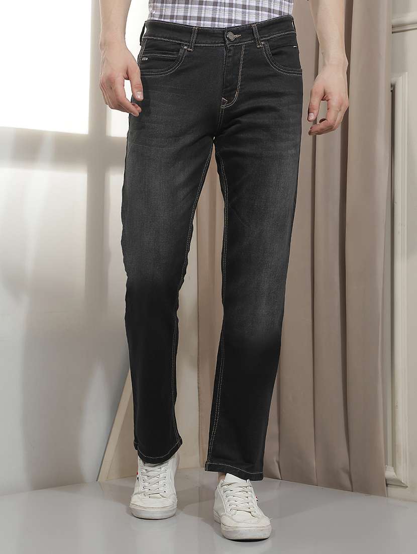 men washed mid rise full length straight jeans
