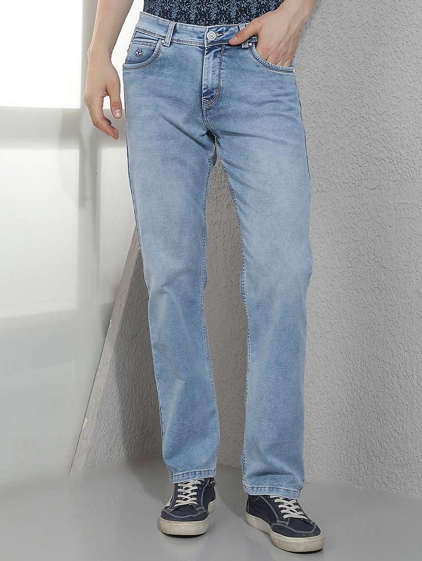 men washed mid rise full length straight jeans