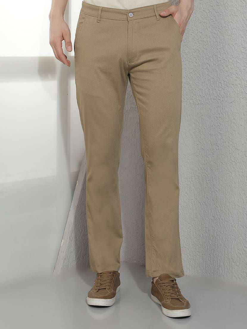 men solid mid rise flat front chinos