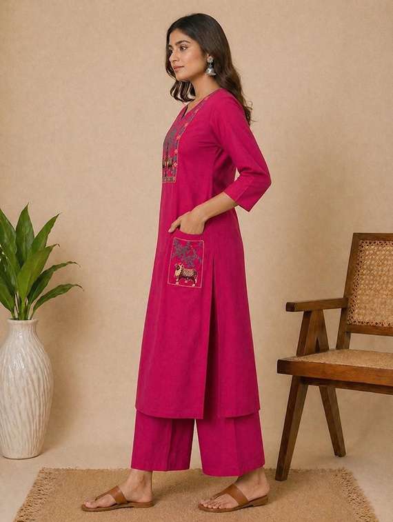 women embroidered three quarter sleeve kurta pant set - 22519104 -  Standard Image - 1