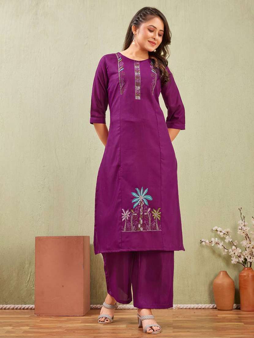 women embroidered three quarter sleeve kurta palazzo set - 22519112 -  Standard Image - 4