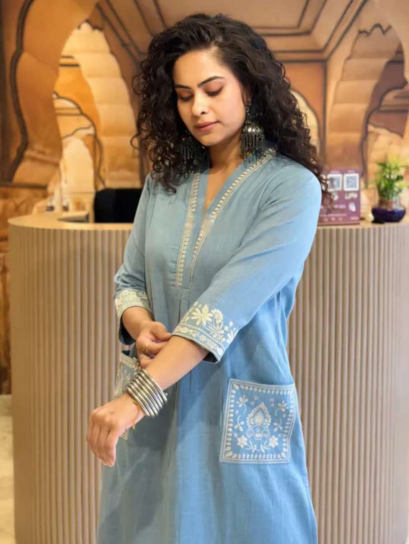 women embroidered three quarter sleeve kurta pant set - 22519127 -  Standard Image - 1
