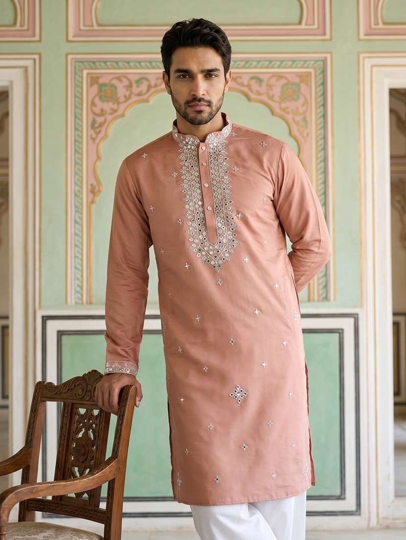 men embroidered mandarin neck long kurta