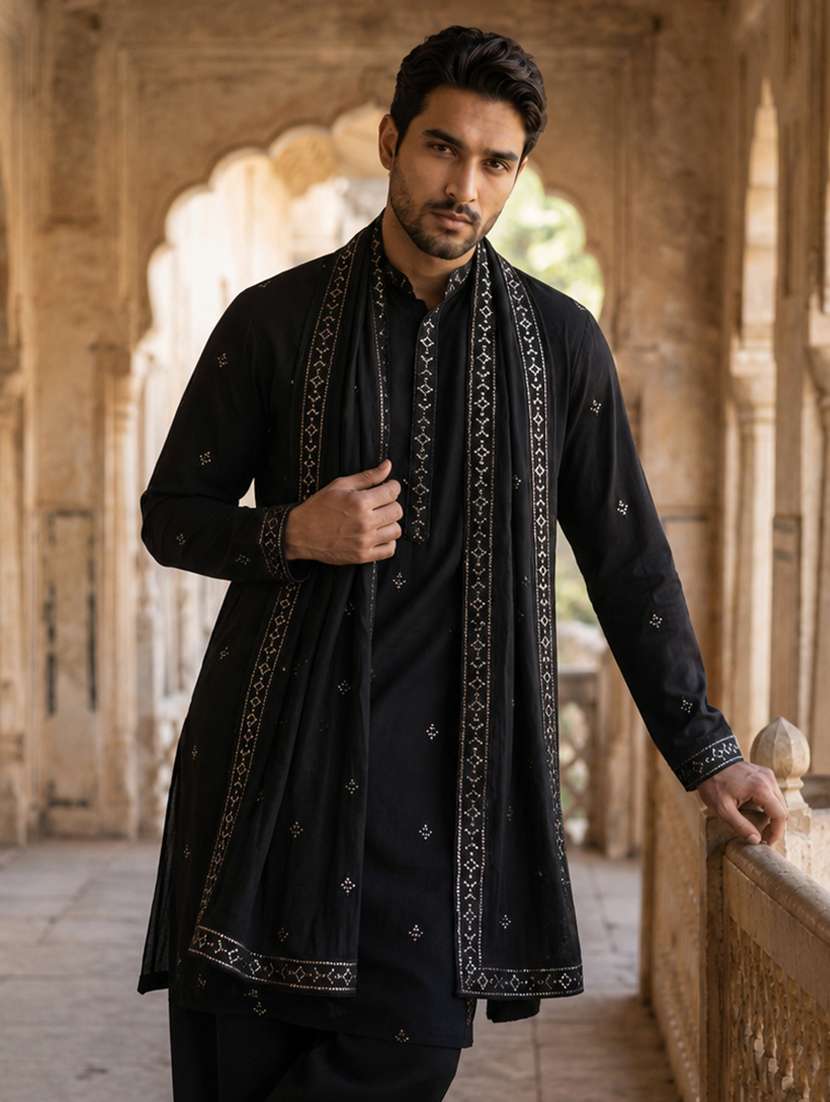 men embroidered mandarin neck long kurta