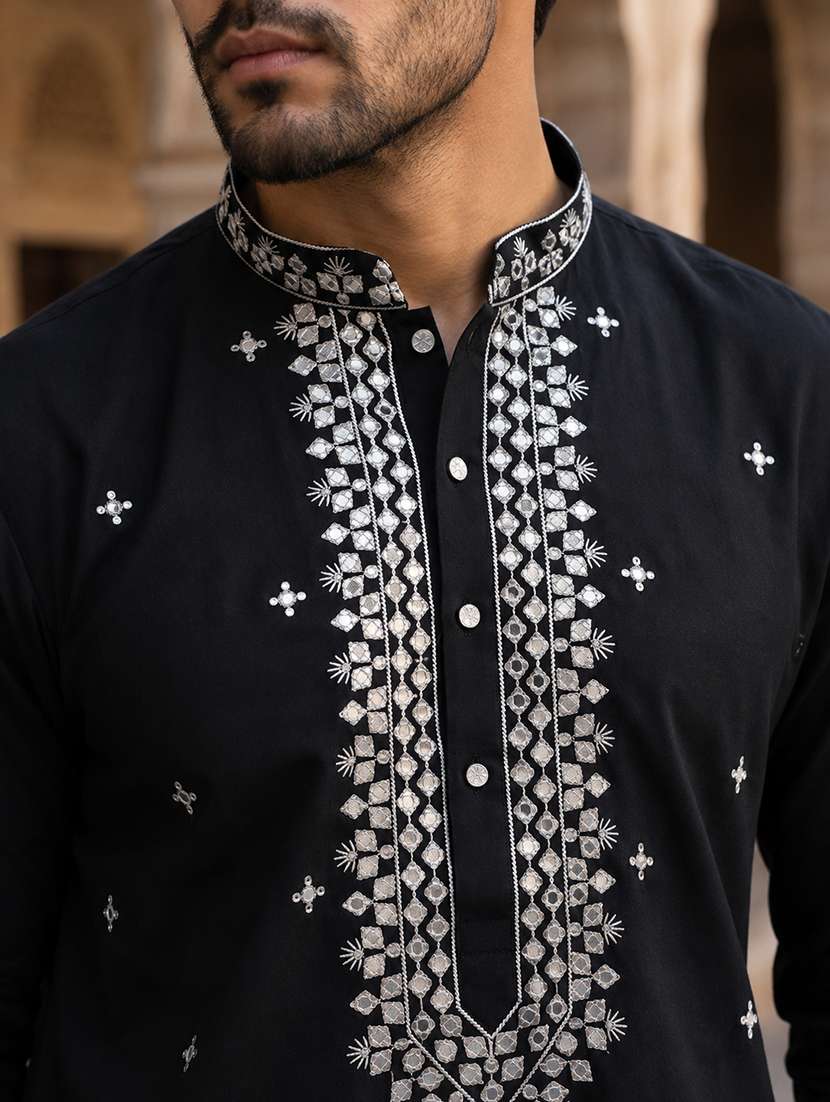 men embroidered mandarin neck kurta pyjama set - 22520083 -  Standard Image - 1