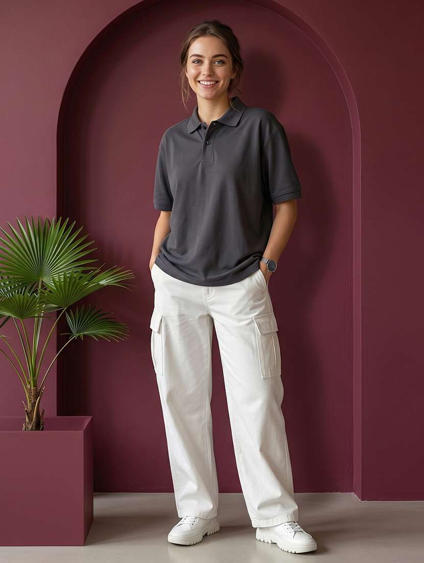women solid short sleeves oversized polo t-shirt - 22520714 -  Standard Image - 4
