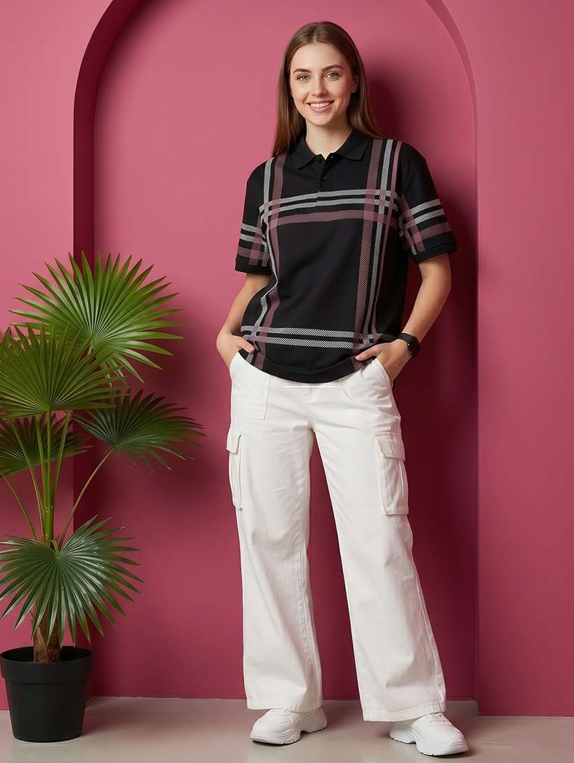 women checkered short sleeves oversized polo t-shirt - 22520716 -  Standard Image - 4