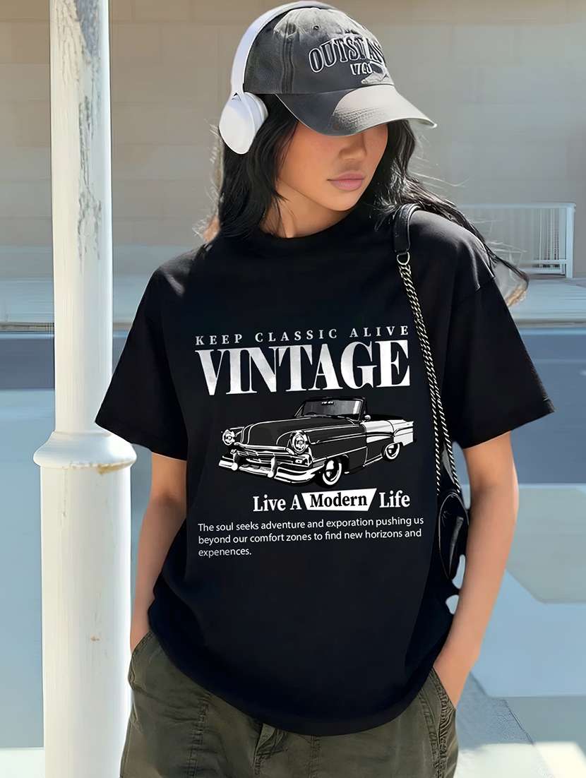 women printed round neck oversized t-shirt - 22520762 -  Standard Image - 1