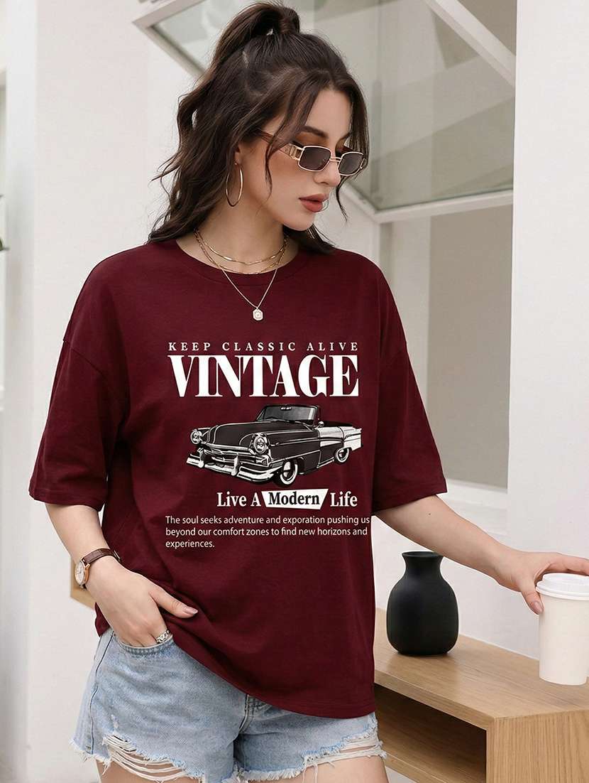 women printed round neck oversized t-shirt