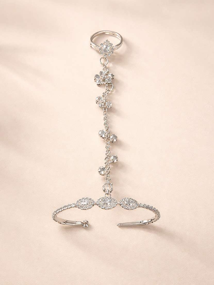 stylish silver-plated stone studded hathphool for women
