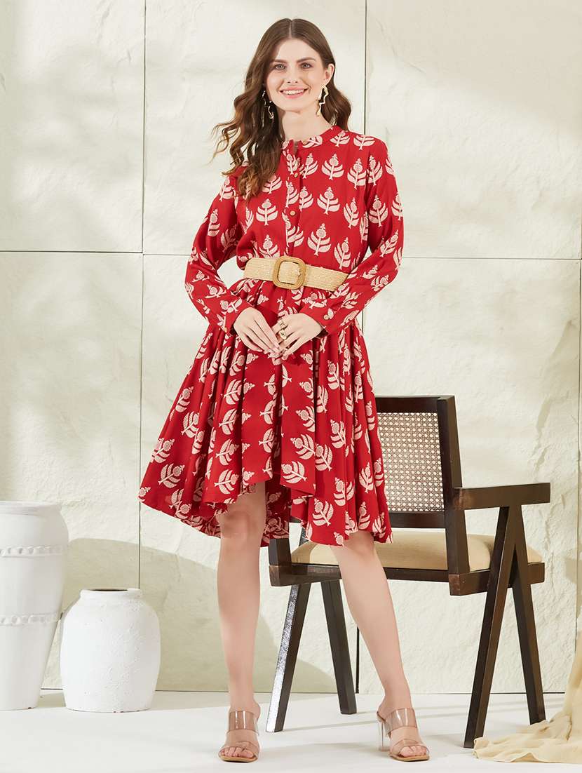 women printed mandarin neck fit and flare dress