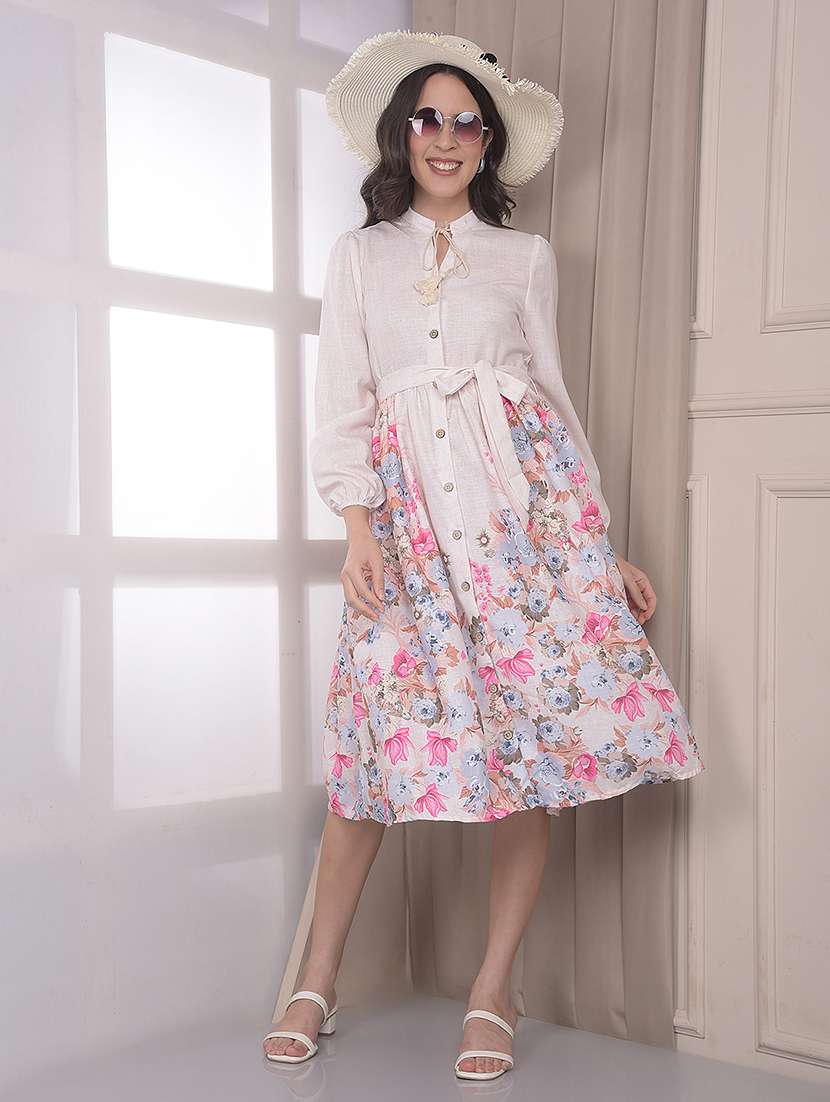 women printed mandarin neck a-line dress