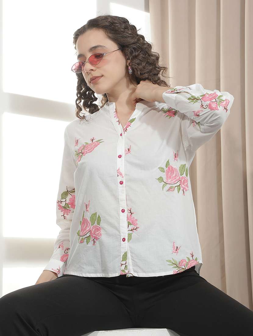women embroidered mandarin neck regular shirt