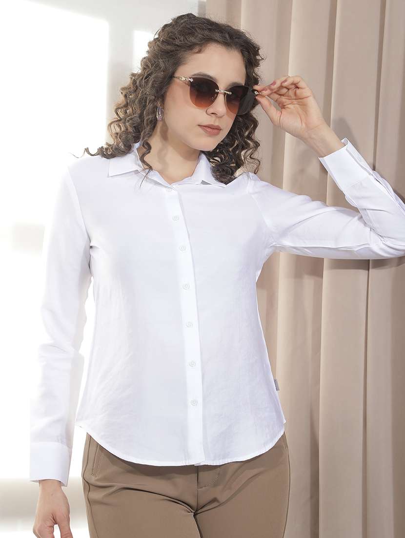 women solid collared regular shirt