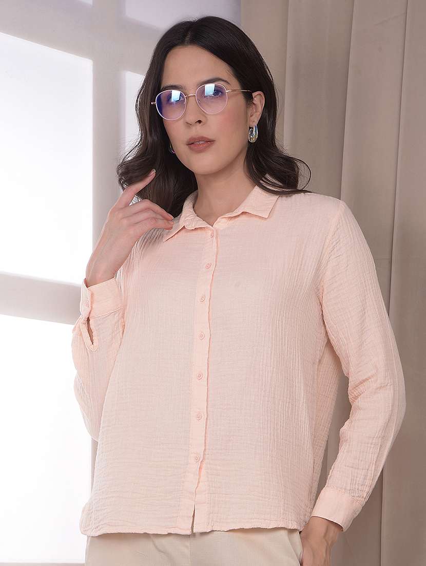 women solid collared regular shirt