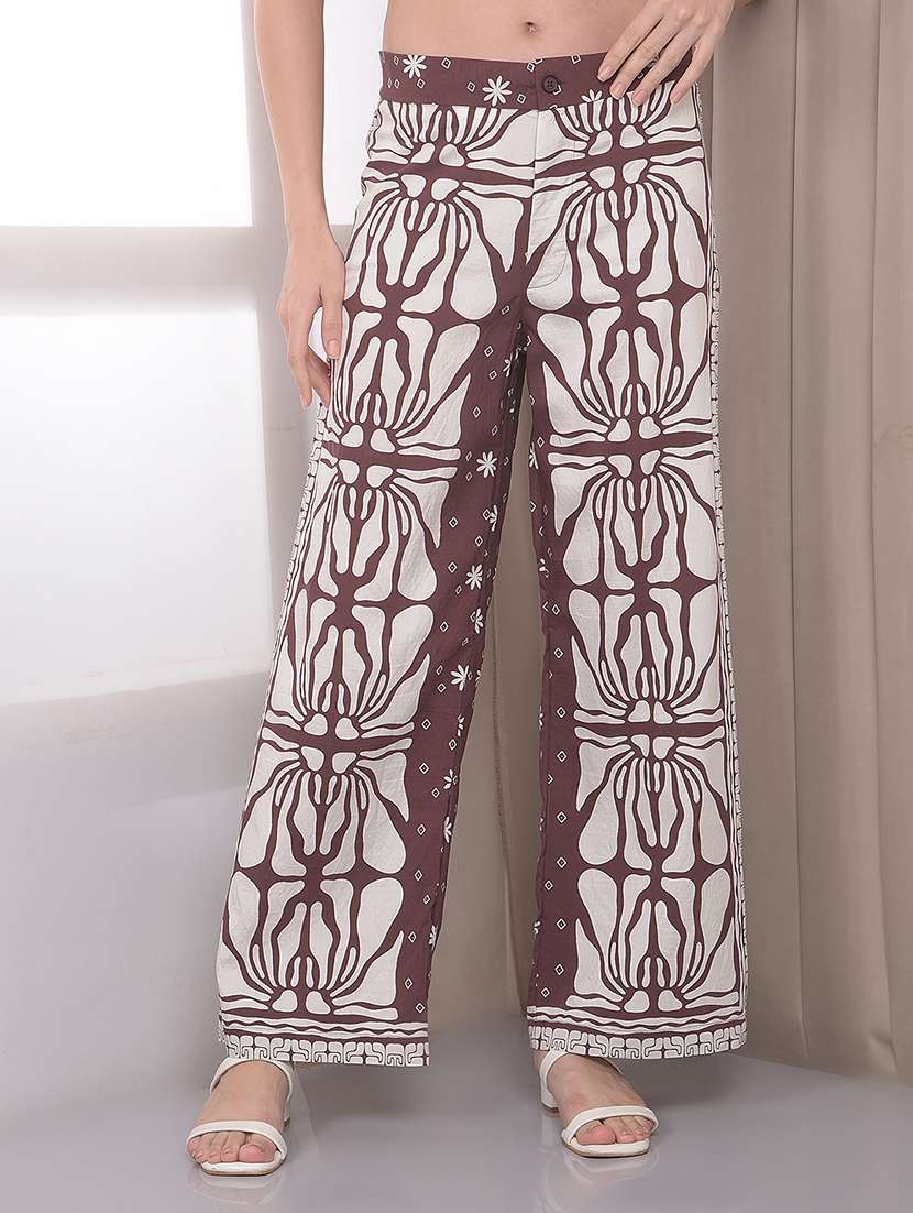 women printed mid rise wide leg trouser