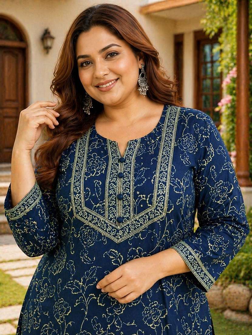 women plus size printed three quarter sleeve straight kurta - 22521355 -  Standard Image - 1