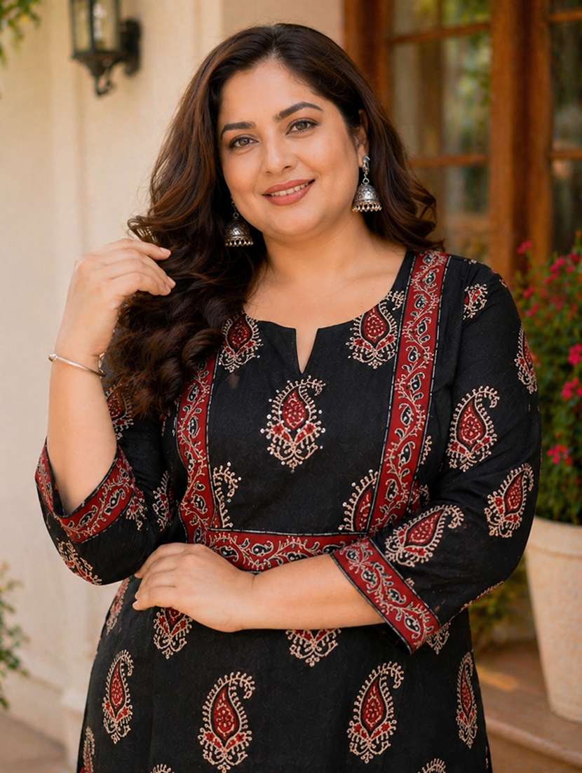 women plus size printed three quarter sleeve straight kurta - 22521363 -  Standard Image - 1