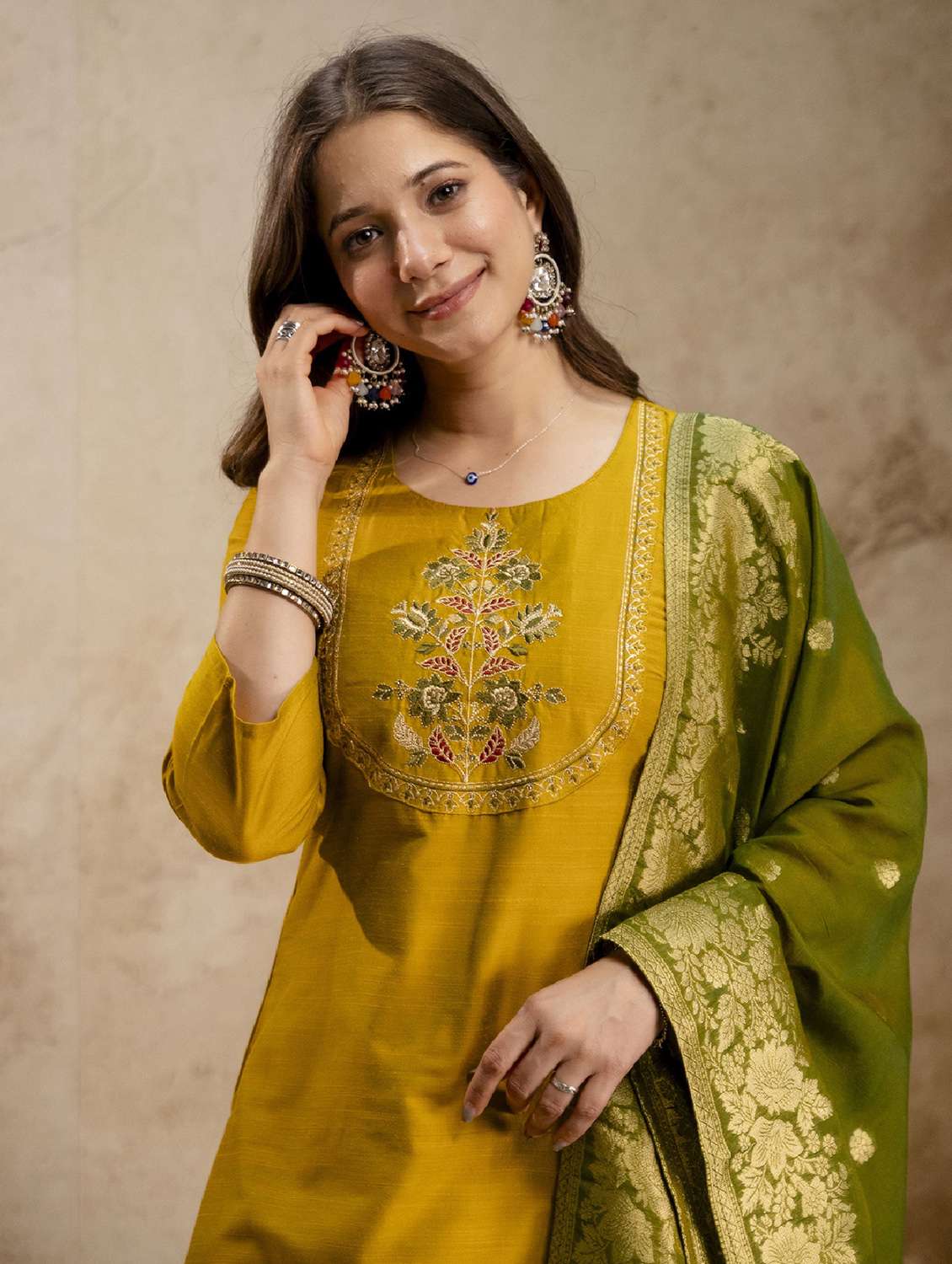 women embroidered three quarter sleeves kurta pant set with dupatta - 22522528 -  Standard Image - 1