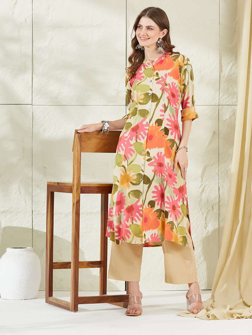 women printed three quarter sleeves a-line kurta 