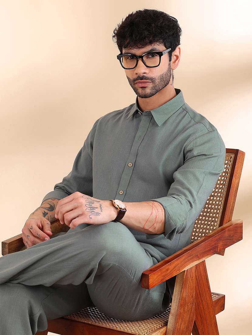 men solid long sleeve shirt & trouser co-ord set - 22522596 -  Standard Image - 4