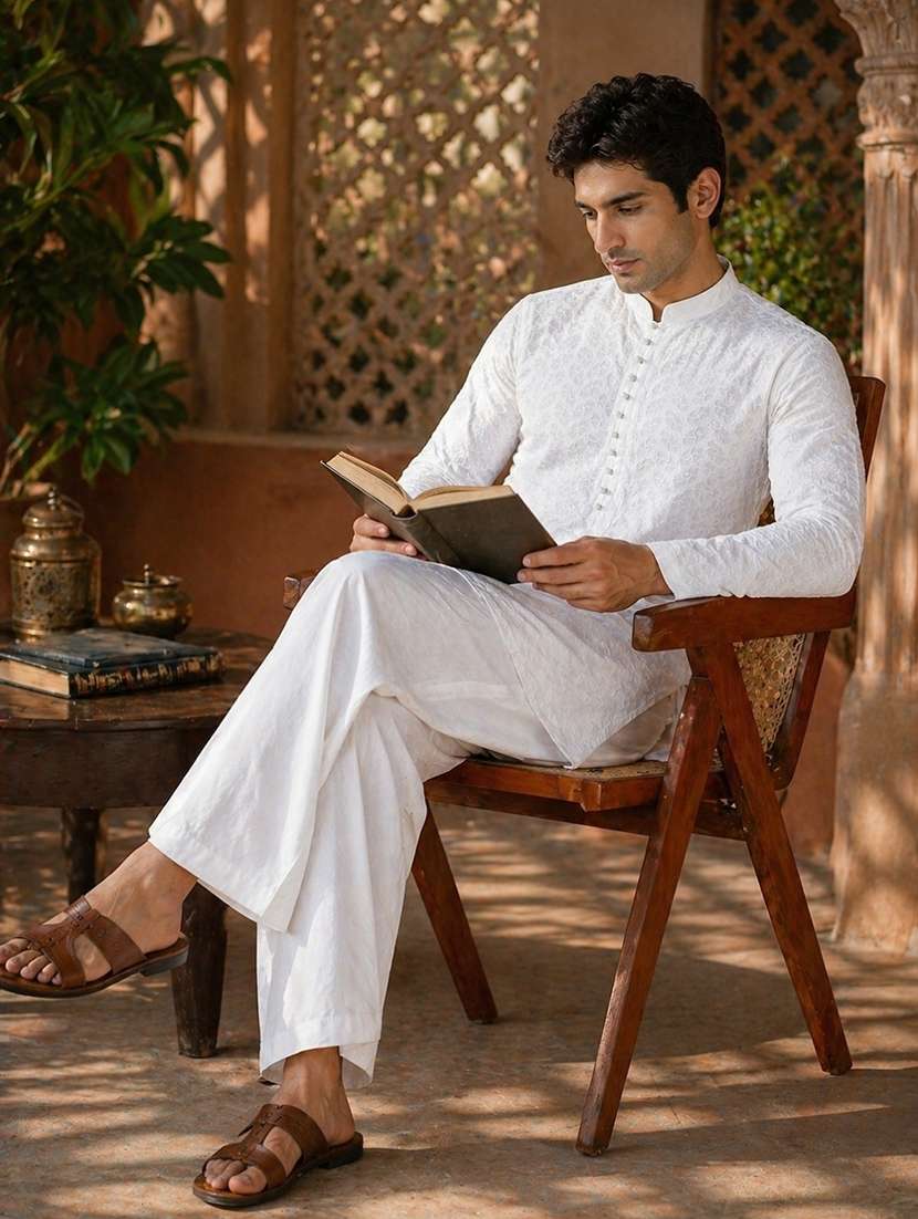 men embroidered mandarin neck kurta pyjama set - 22522634 -  Standard Image - 4