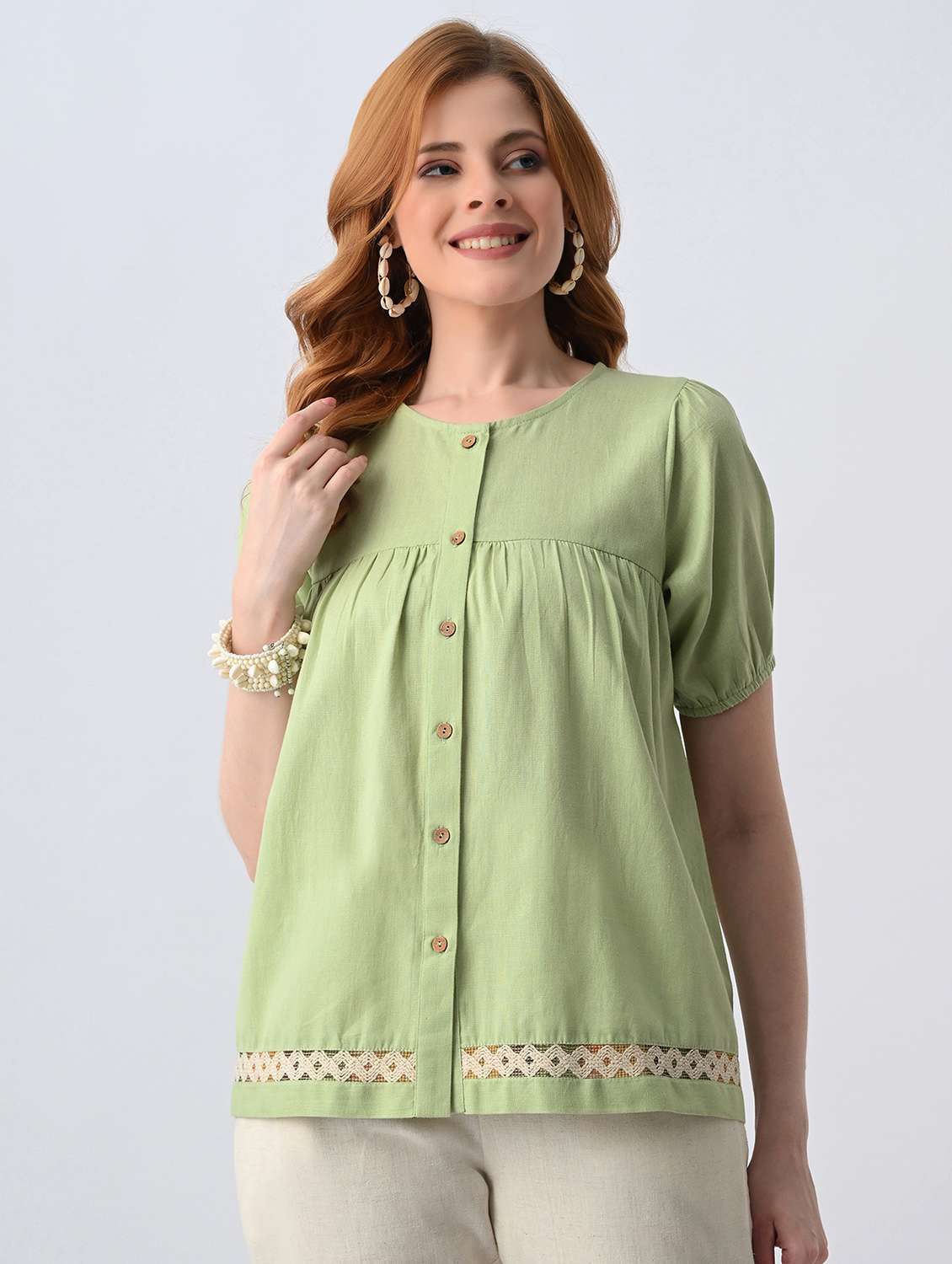 women solid round neck a-line top