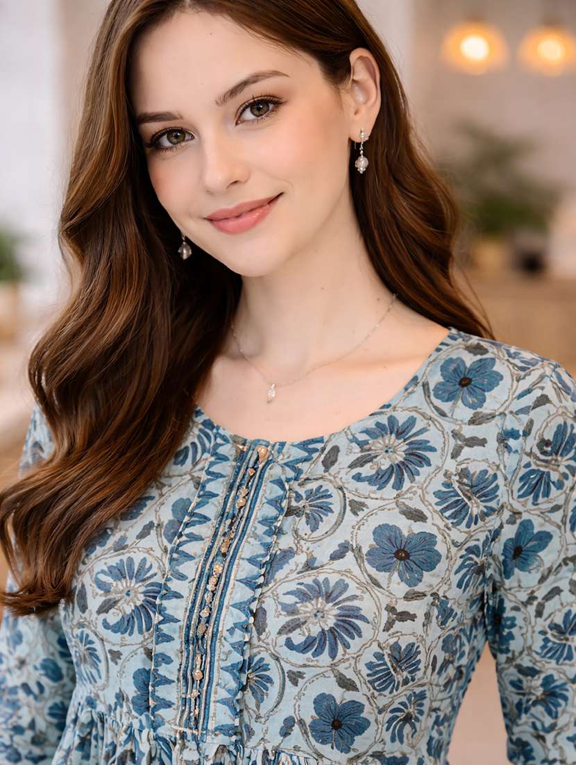 Women Printed Three Quarter Sleeve Ethnic Top - 22522645 -  Standard Image - 1