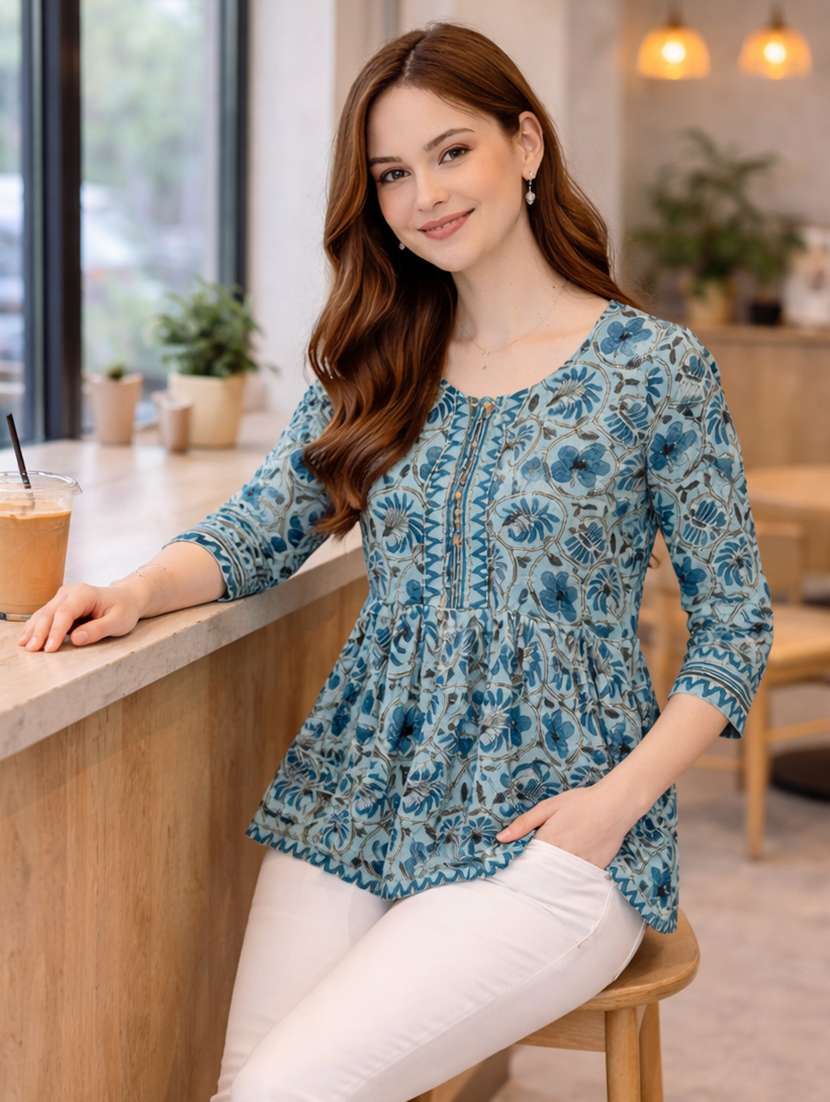 Women Printed Three Quarter Sleeve Ethnic Top - 22522645 -  Standard Image - 4